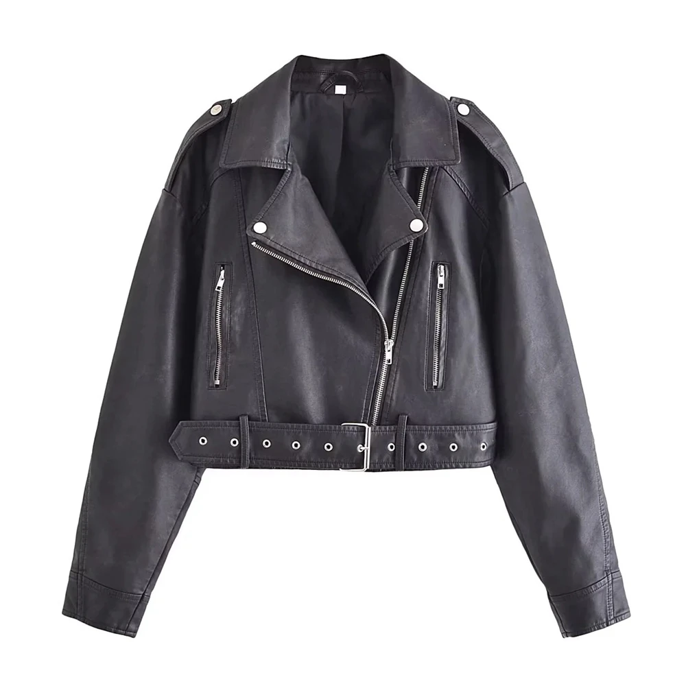 

Vintage Loose Faux Pu Leather Jackets Women with Belt Zipper Retro Moto Biker Coat Woman Outwear Black Short Jacket Streetwear