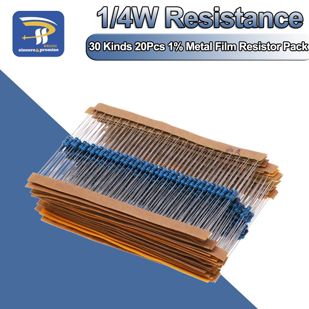30 Kinds 1% 1/4W Metal Film Resistor Assorted Kit 30 Values each value 20pcs total 600pcs (10R-1M)
