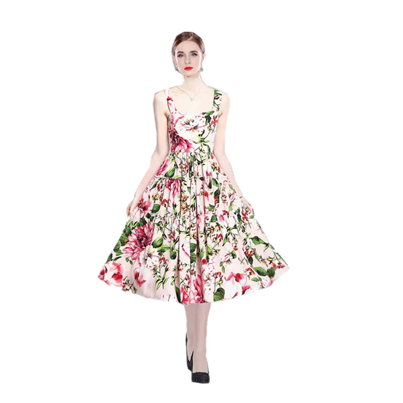 

New Spring Clear Teen Girl Colorful Floral Spahetti Strap Vestidos Leisure Ruched Cascading Ruffle Big Swing Holliday Dresses
