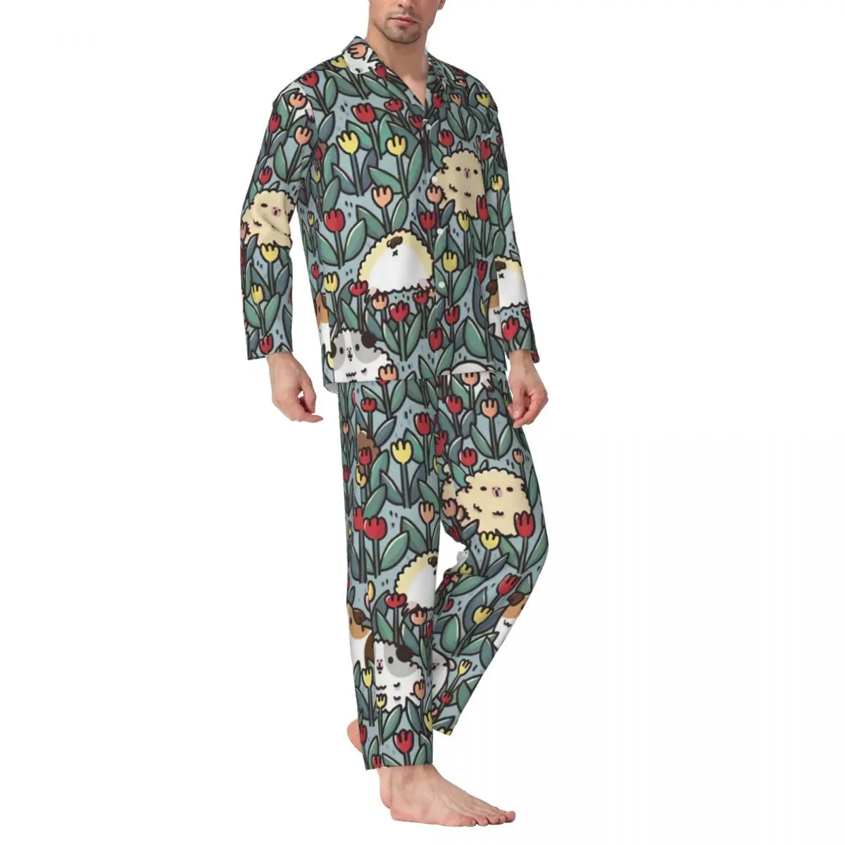 

Guinea Pig Sleepwear Spring Tulip Flower Print Retro Oversize Pajamas Set Male Long Sleeves Lovely Night Graphic Nightwear