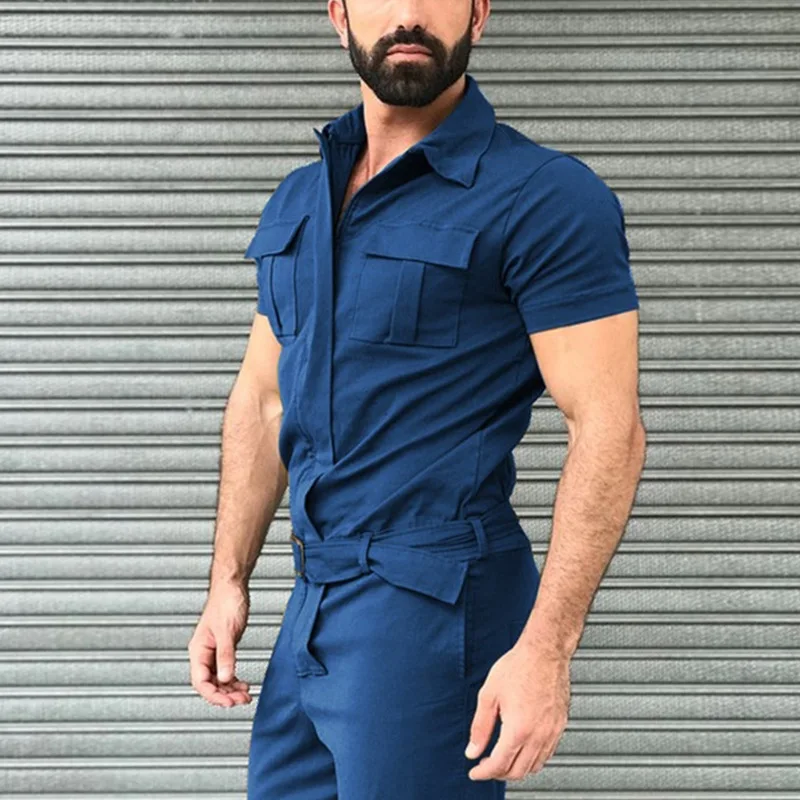 2024 New Labor Protection Clothing Short Sleeve Men's Pants Casual Jumpsuit Suit Belt Shirt Workwear Sports Jumpsuit