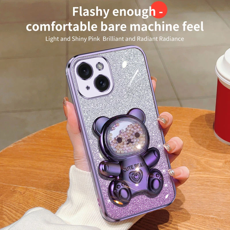 Coque de téléphone avec support à paillettes, ours mouvant, étui pour iPhone 15 14 12 13 11 Pro Mini 13pro X Xr Xs Max 7 8 6 Plus_voghion.com