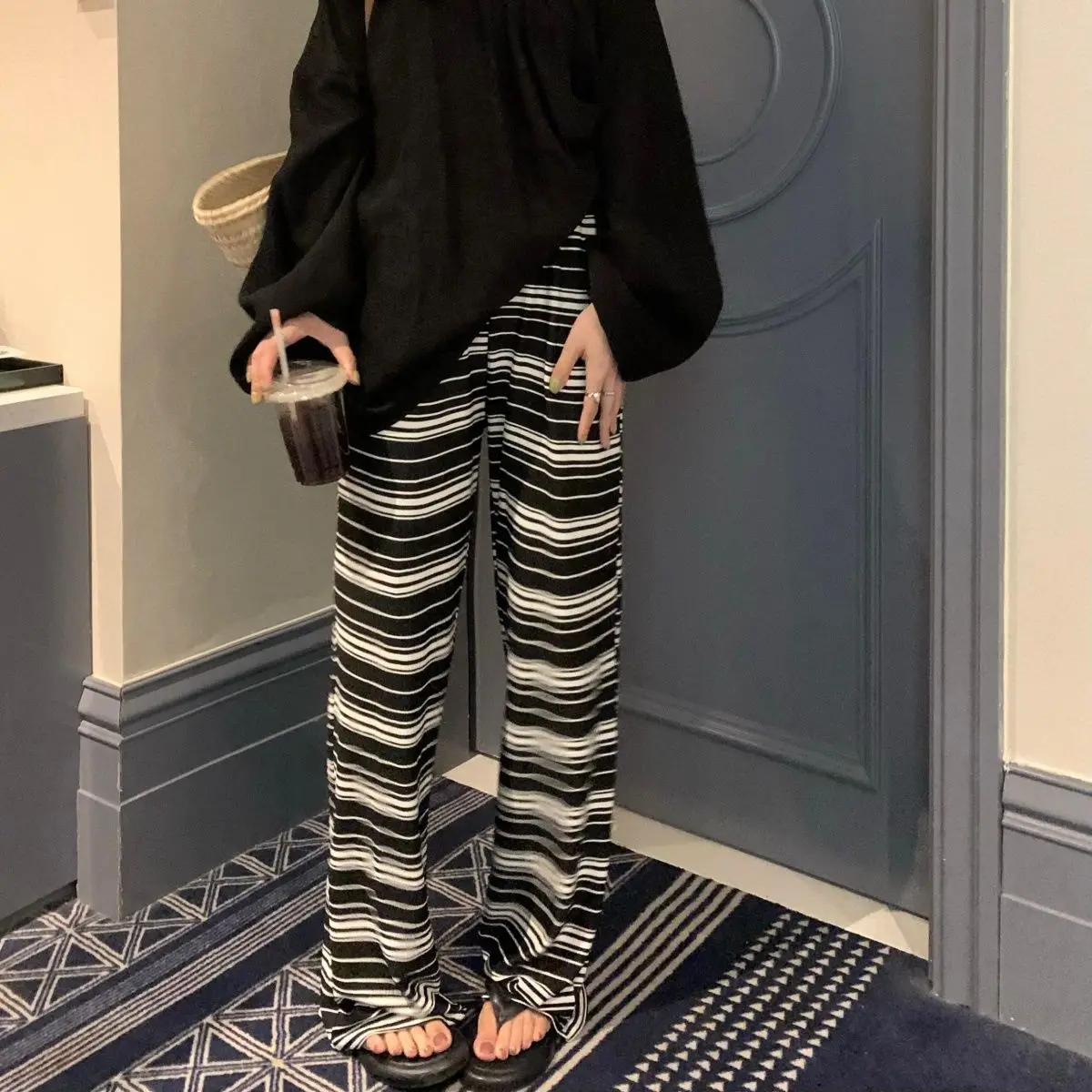 

Black and White Striped Women Clothing 2023 Spring Summer Wide Leg Pants Casual High Waist Straight Leg Pants Slimming Pants