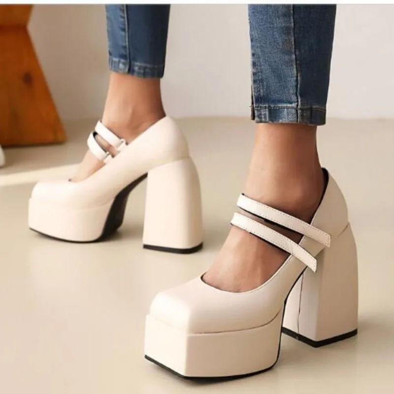 

SHOFOO shoes Fashion women's shoes. Heel is about 12cm high. Coarse heels. Square head pumps. Beige platform shoes. Fashion show