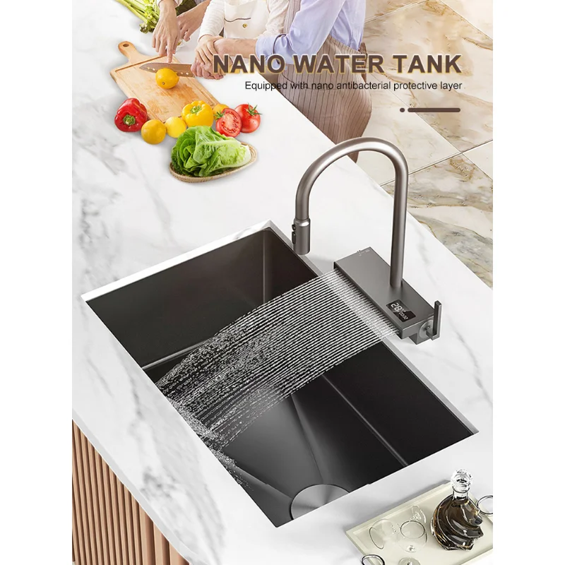 

Stainless Steel Kitchen Sink Waterfall Sink Dishwashing Basin Large Single Sink Household Sink Under The Counter Sink Black