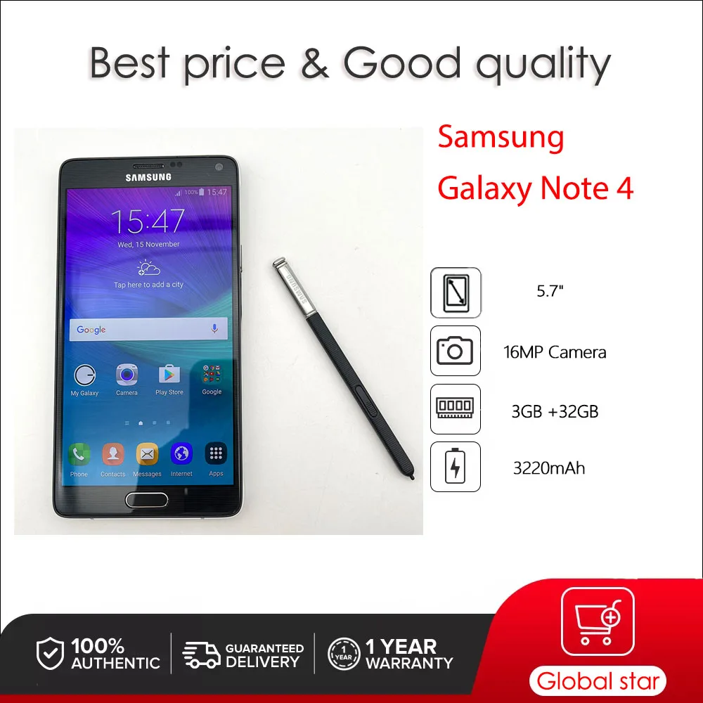 

Original Unlocked Used Samsung Galaxy Note 4 4G Quad-core 5.7" 3GB RAM 32GB ROM LTE 4G 16MP Camera Android Smartphone