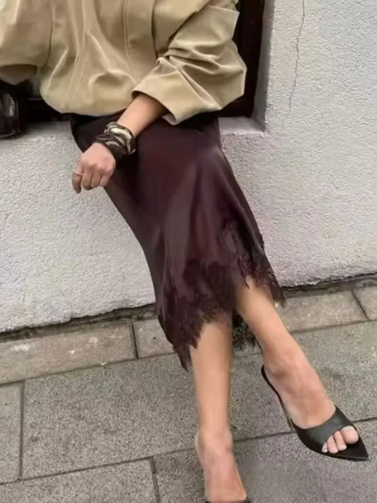 HH Women Elegant Fashion Lace Hem Skirt Luxury Satin High Waist Straight Midi Skirt Woman Evening Party Dinner Skirts Mujer