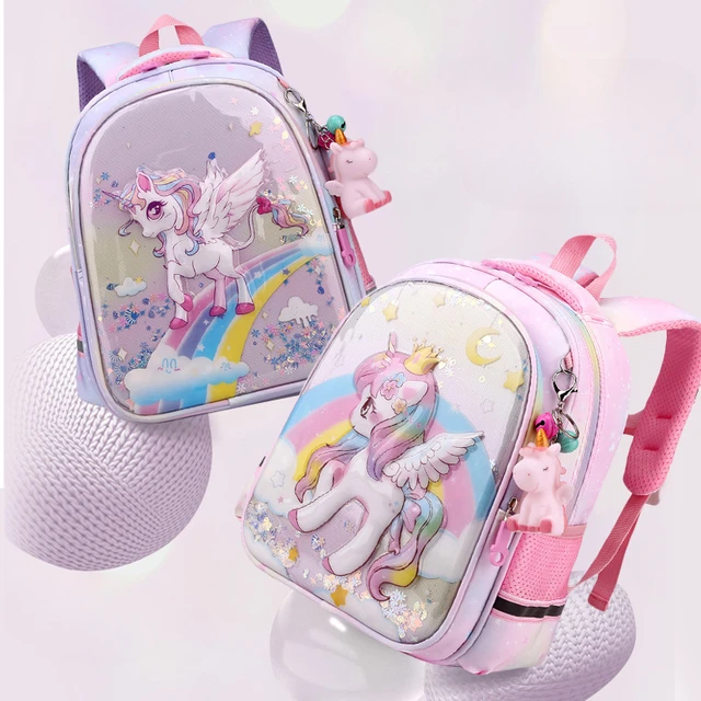 Girls Schoolbag Cartoon 3D Rainbow Quicksand Unicorn Student Stationery Storage Cute Burden-reducing Backpack for Kids