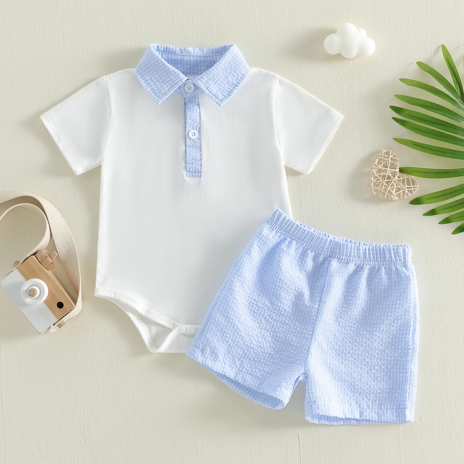 2Pcs 소년 여름 복장 옷깃 칼라 짧은 소매 격자 무늬 인쇄 패치 워크 롬퍼와 탄성 허리 반바지 세트
