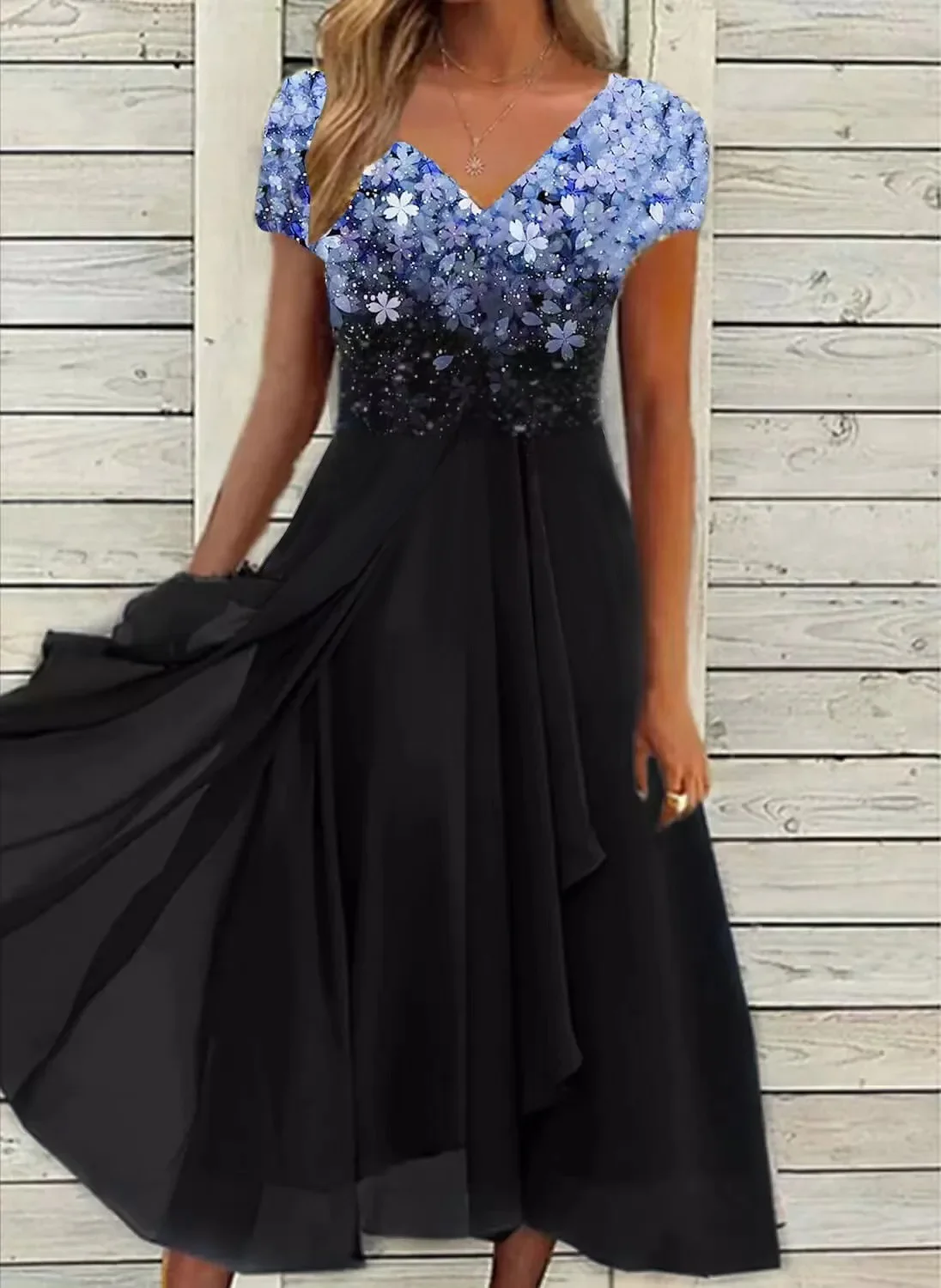 Fashionable casual chiffon women’s dress with short sleeves and V-neck, knee-length summer style – CyberStreetOne blue black