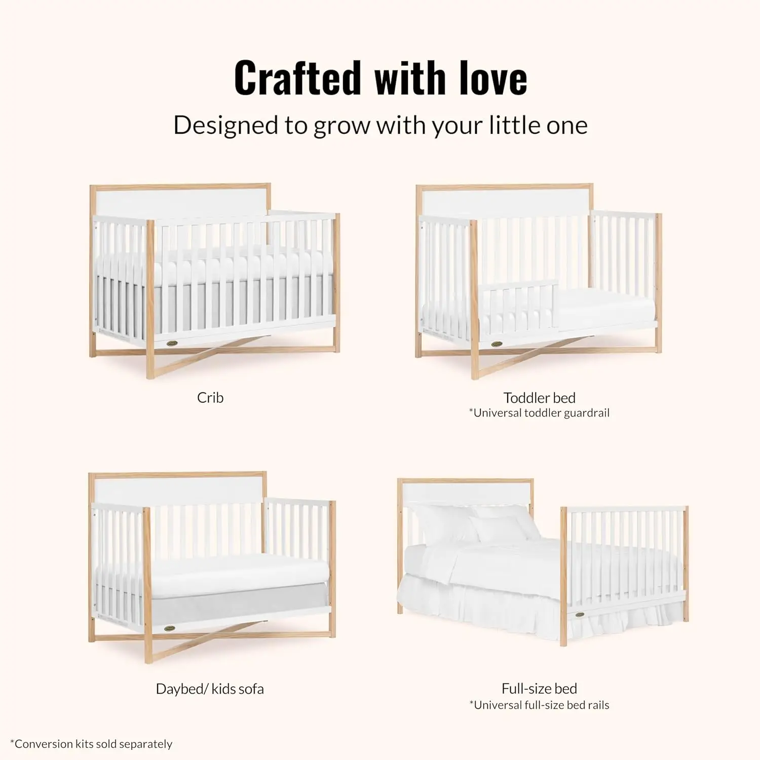 Owen 5-in-1 Convertible Full-Size Baby Crib in Vintage White Oak, GreenGuard Gold & JPMA, Converts to Toddler, Day, & Full-Size