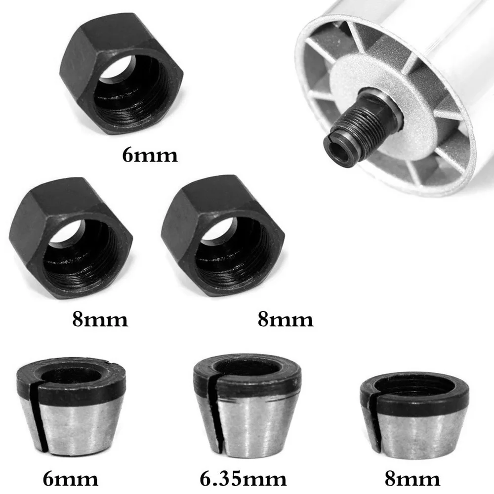 Router Bit Collet Chuck Set 6/6.35/8mm Trimmer Collet Chuck Heads Carbon Steel Adapter for Drills Engraving 6Pcs woodworking tools,wood router,plunge router