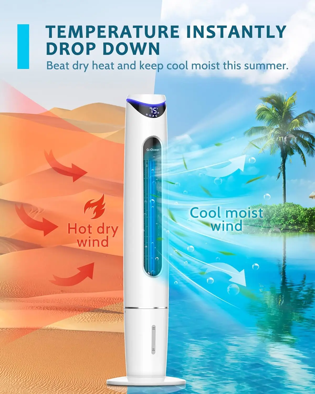 

Cooler - 46" Swamp Cooler with Remote, Air Cooler Fan with Night Light, 8H Timer, Oscillating, 3 Modes, 3 Speeds, 2 Ice Pac