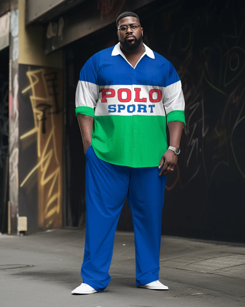 Biggmans （L-9XL）Polo Shirt Set for Men's Clothing Business Office Sports Pattern Man Long Sleeves Pants Big and Tall Plus Suit