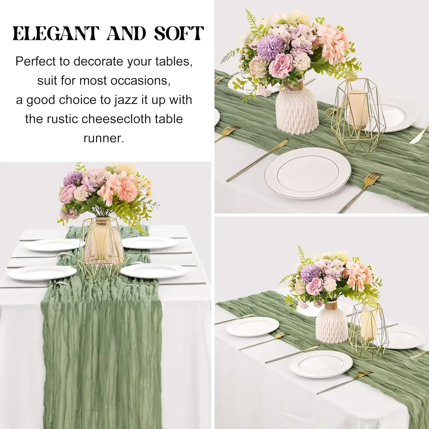 Cotton Table Runner 90*180CM Green Gauze Dinning Decoration Rustic Country Boho Beach Wedding Party