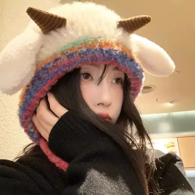 Kawaii Plush Sheep Hats Women Girls Knitted Woolen Hat Fem Winter Warm Ear Protection Hat Sweet Casual Fluffy Fur Kids Beanies