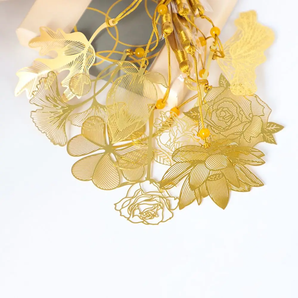 Gold Leaf Metal Bookmark With Tassel Brass Book Clip Hollowed Out Brass Leaf Vein Reading Mark Books Accessories Office Supplies