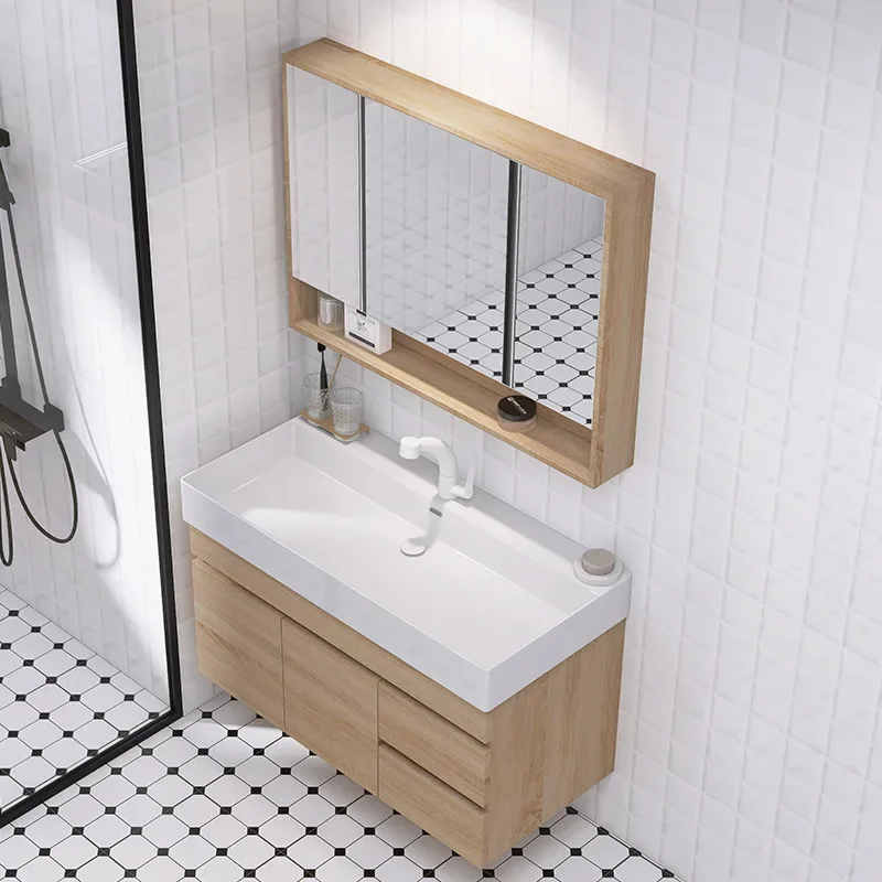 Modern Simple Large Basin Integrated Bathroom Cabinet Light Luxury Ceramic Washbasin Smart Mirror Log Color Washbasin Fixture