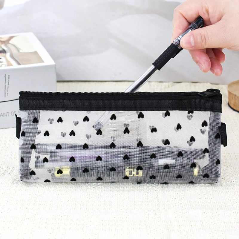 Mesh Cosmetic Makeup Bags Case Holder Cute Transparent Zipper Black Heart Printed Pencil Pen Case Pouch Convenient To Carry 5