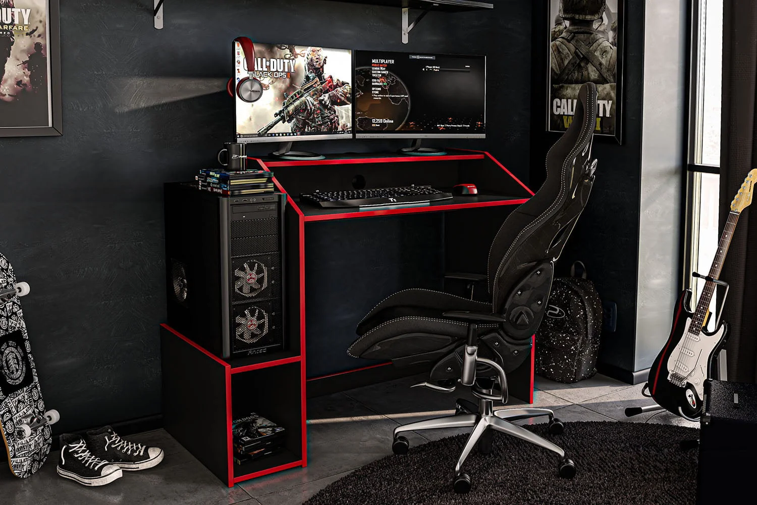 

Legend Modern 45" Wood Gaming Desk with Monitor Stand, Black and Red Finish Computer Desk Gaming Desk Office Desks
