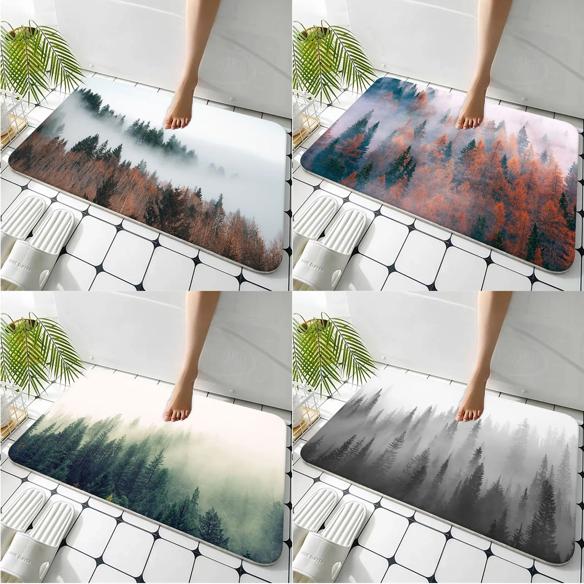

Black White Mountain Pine Tree Forest Flannel Floor Mat Bathroom Decor Carpet Non-Slip For Living Room Kitchen welcome Doormat