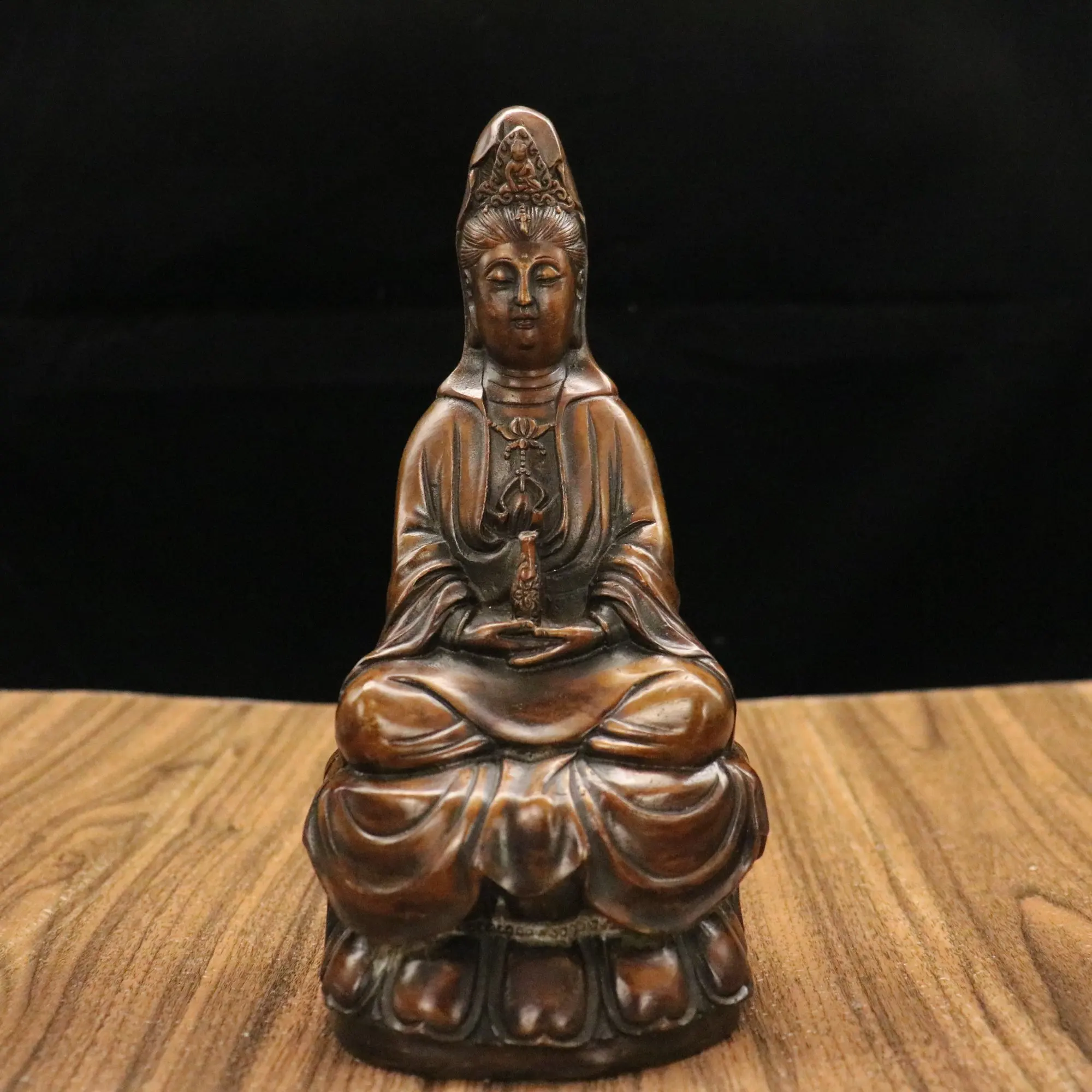 

9"Tibetan Temple Collection Old Brass clean bottle Guanyin Bodhisattva Amitabha worship buddha Town house Exorcism