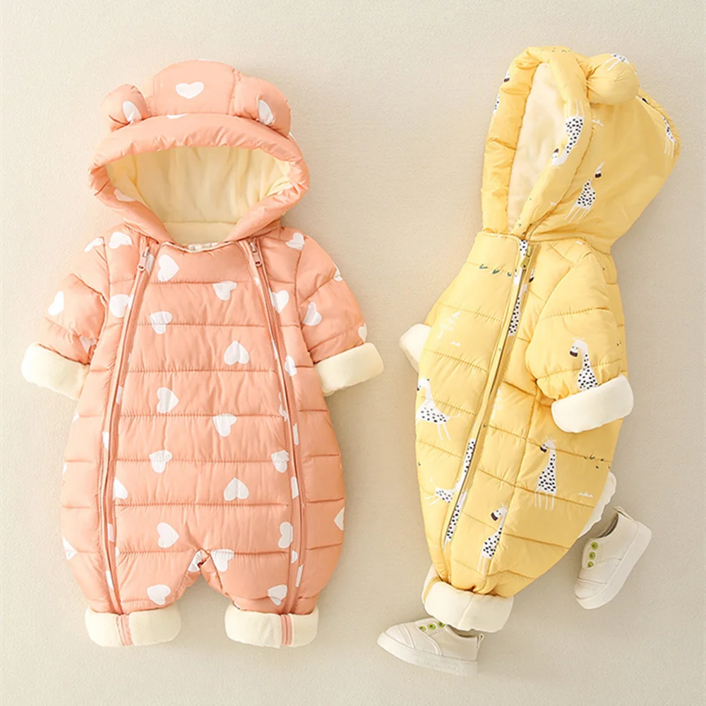 Newborn Baby Jumpsuit Hooded Plus Velvet Warm Winter Wear Baby Boys Snowsuit Toddler SnowSuit Girl Cotton Overalls Rompers New