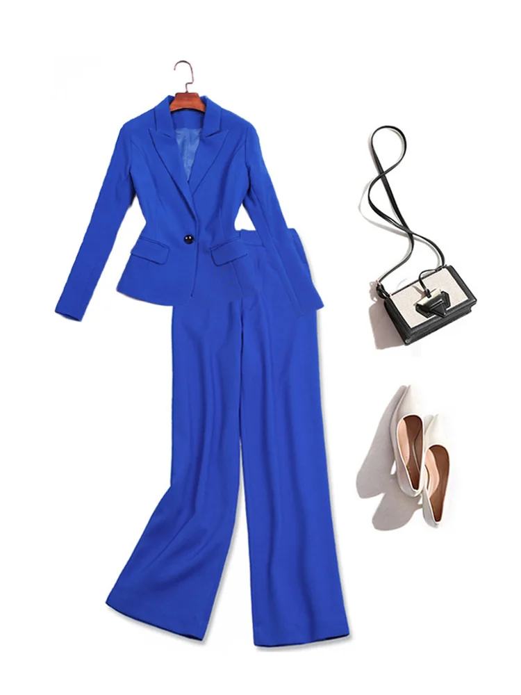 

High-end Women's Suit 2 Piece Set 2023 New Spring and Autumn Fashion Slim Fit Royal Blue Ladies Jacket Casual Wide Leg Pants