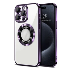 Premium Magnetic Gold-Plated iPhone Case with Camera Shield and Apple Logo Enhancer for iPhone 15 Plus (Purple)