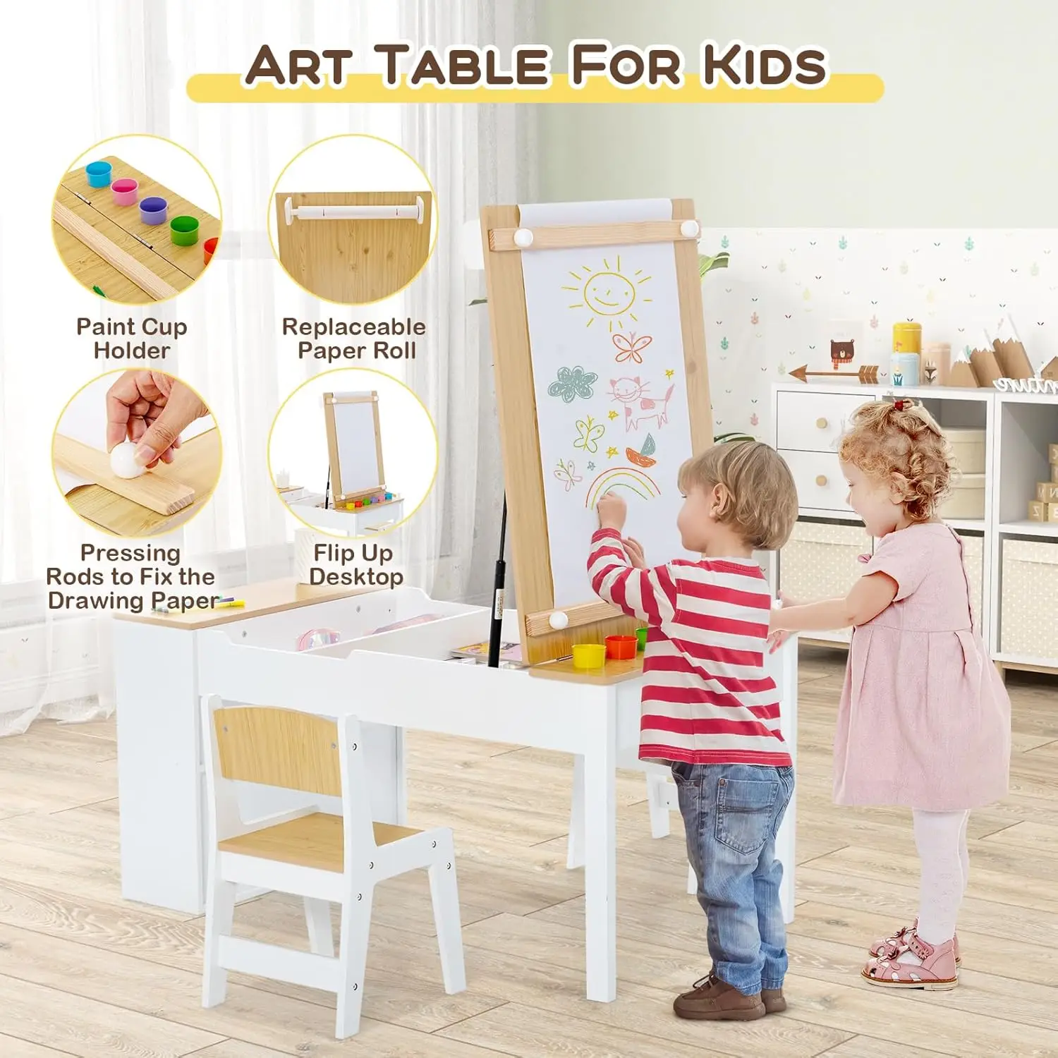 3 in 1 Kids Table and Chair Set, Wood Art Table & Easel Set with 2 Chairs, 6 Storage Bins, Paper Roller, Paint Cups for