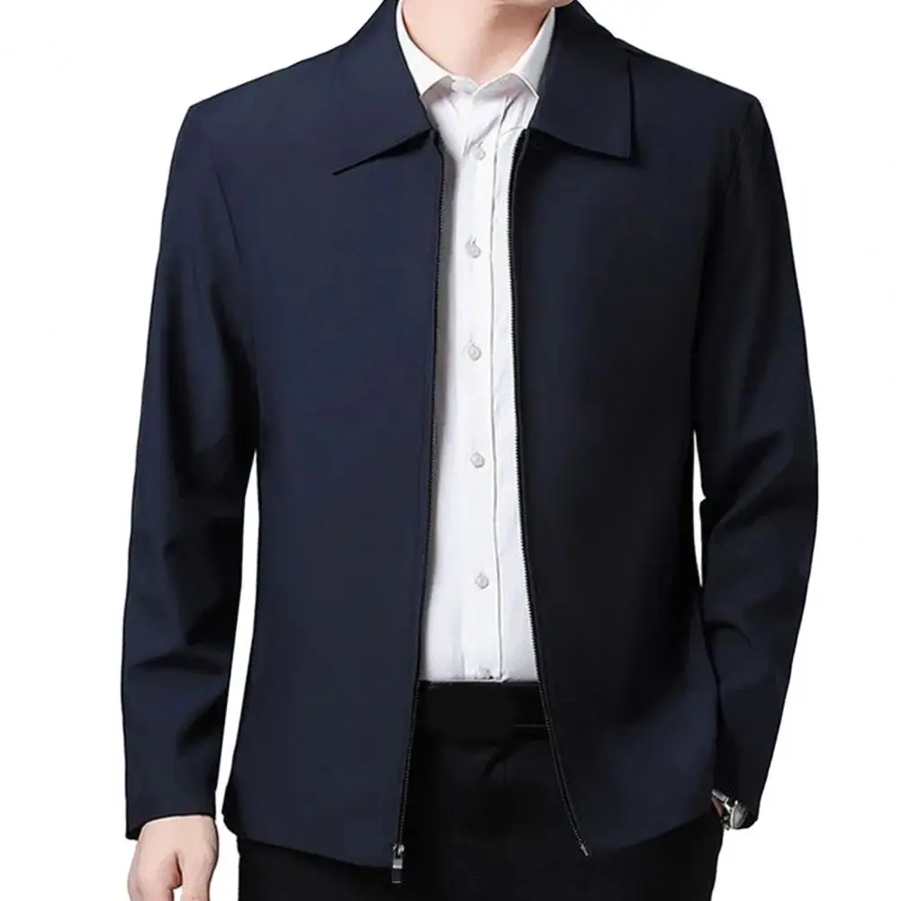 Men Jacket Elegant Mid-aged Men's Lapel Jacket with Zipper Closure Pockets for Formal Business Casual Wear in Spring Fall Solid