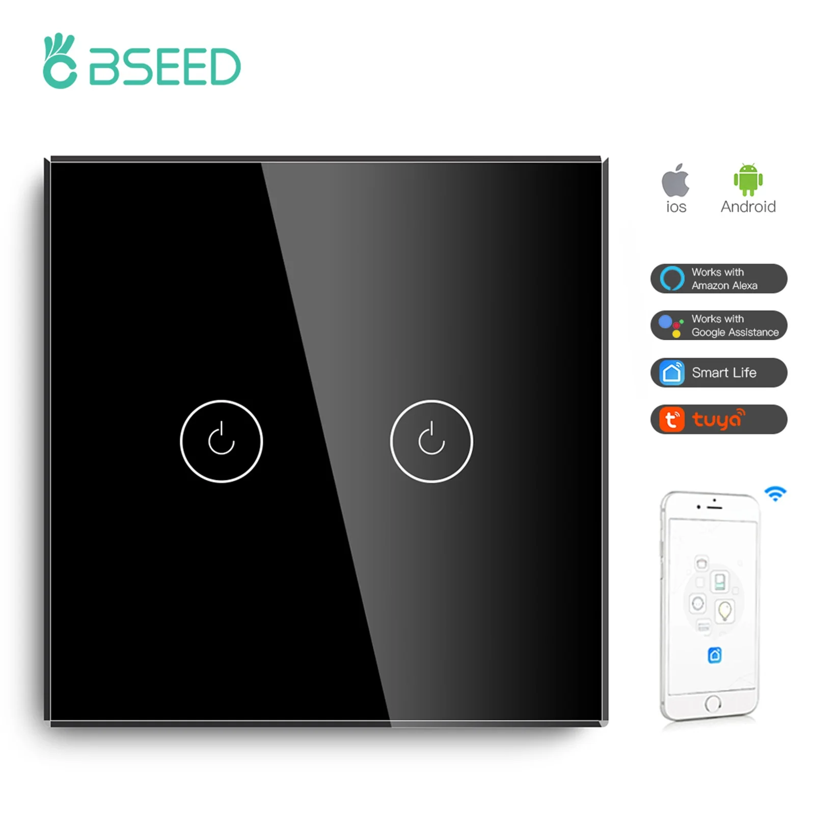 thumbnail image 1 of Interruptor inteligente BSEED Wifi de 1/2/3 entradas y 1 vía con botones LED y panel de vidrio, funciona con Tuya, Google Home, interruptor táctil de la UE de 600 W, 1 of 5