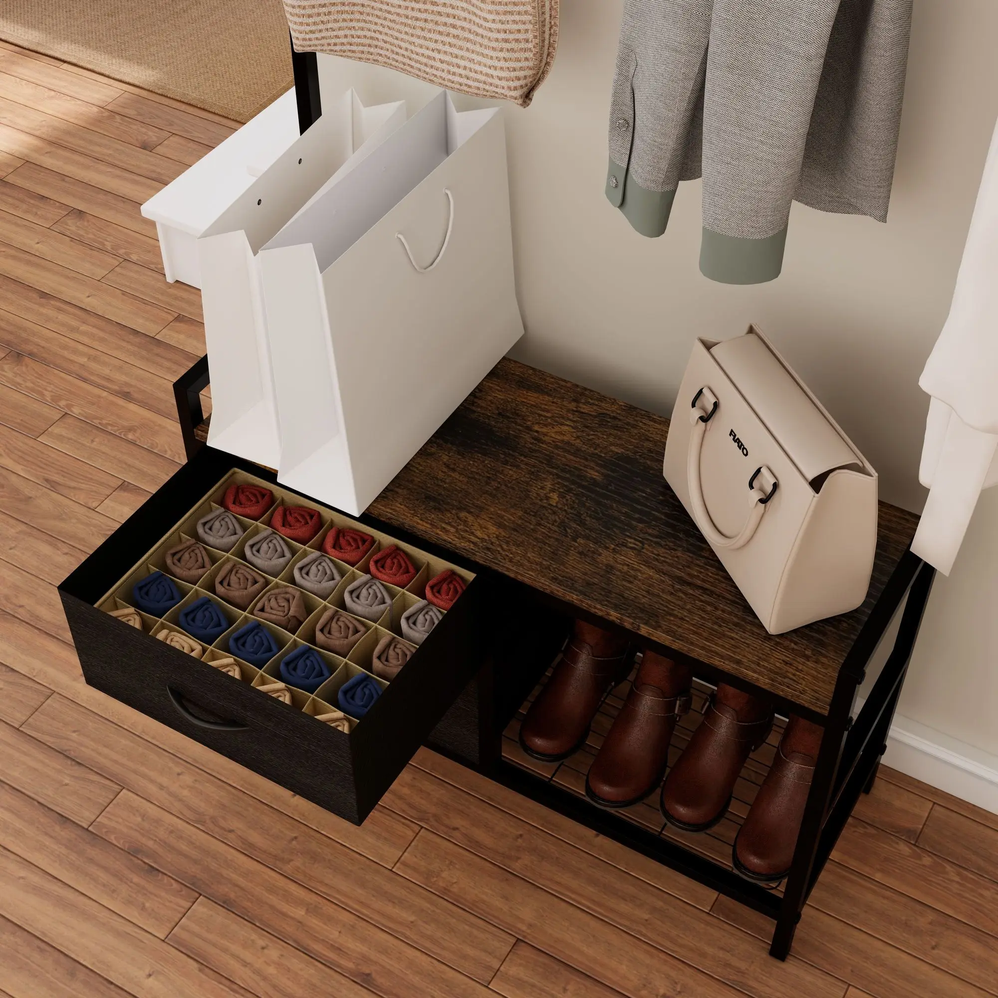 33.1" Wide Hall Tree with 2 Movable Drawers, Shoe Storage, Shelves and Garment Racks, 5-in-1 Entryway Bench with 23 Hooks