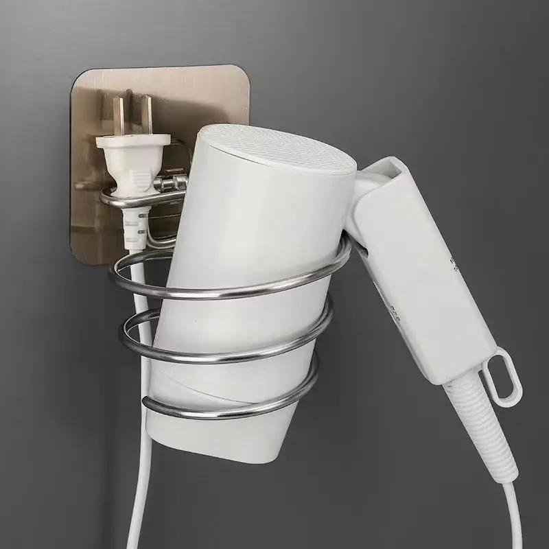 Hair Dryer Holder Blower Organizer Adhesive Wall Mounted Nail Free No Drilling Stainless Steel Spiral Stand Storage For Bathroom 4