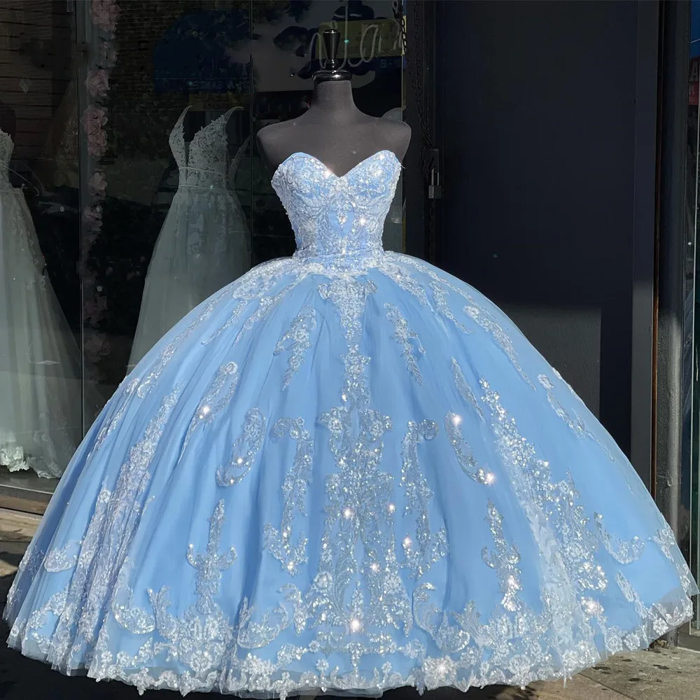 

Sky Blue Quinceanera Prom Dresses Sweet 16 Dress Corset Back Beaded Lace Pageant Gown Plus Size