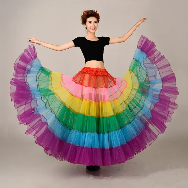 

Female 2023 Lolita Girls' Rainbow Neon Large Swing Fishbone Transparent Mesh Pleated Long Maxi Skirt