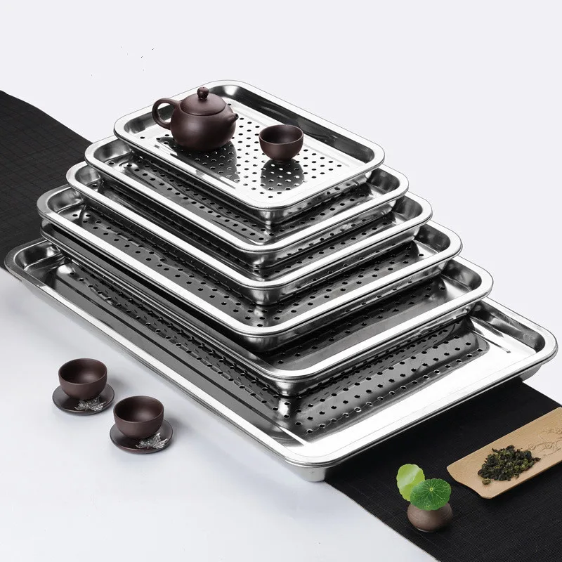 2PCS Stainless Steel Kitchen Storage Tray Set Food Drain Dry Dish Barbecue Hollow Filter Oil Plate Home Teahouse Tea Cup Trays 3
