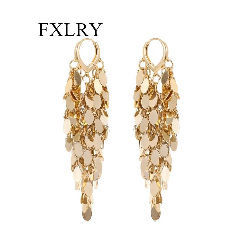 

FXLRY Creative Design Exaggerated Long Metallic Sequin Tassel Earrings For Women Wedding Jewelry