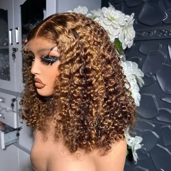 4/27 Highlight Water Wave 13x4 Transparent Lace Frontal Human Hair Wig Ombre Blonde Piano Colored Short Curly Wigs 200% Bob Wig 1