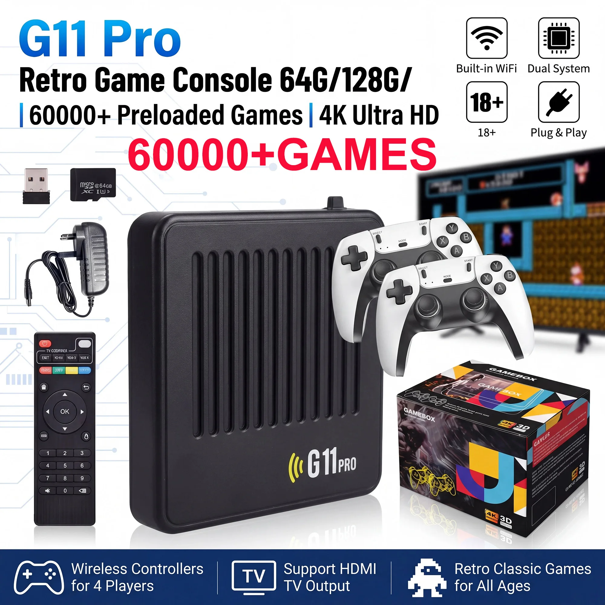 Console di Gioco Portatile 4K HD con Controller Wireless 2.4G, 64GB/128GB, 60000+ Giochi Retro, Sistema Dual - immagine 2