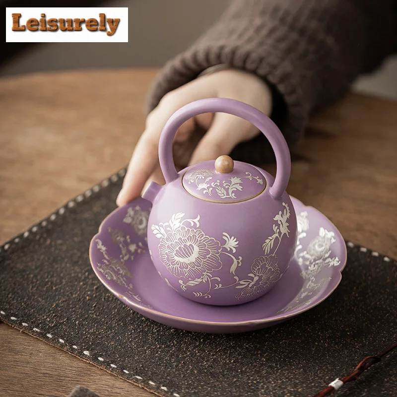 Purple Ru Kiln Gilded Silver Peony Entangled Lotus Pot Bearing Holder Teacup Holder Dry Bubble Table Tea Tray Coasters Cafes