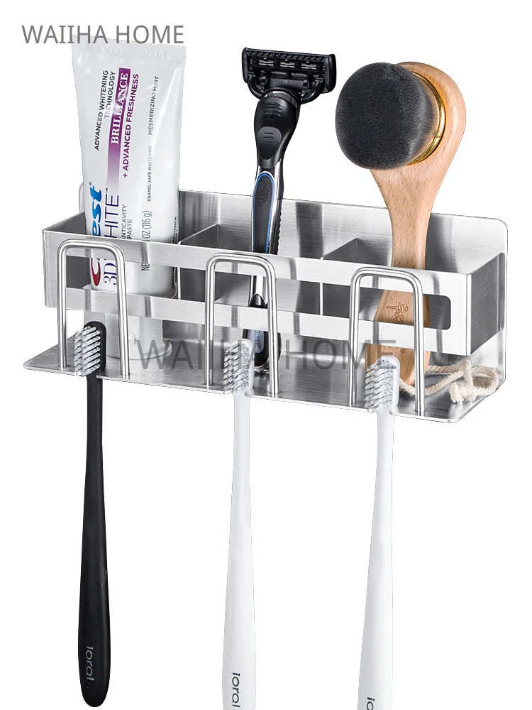 Stainless Steel Cup Holder Wall Mounted Toothpaste Rack Toiletries Storage Rack Bathroom Multifunctional Toothbrush Holder