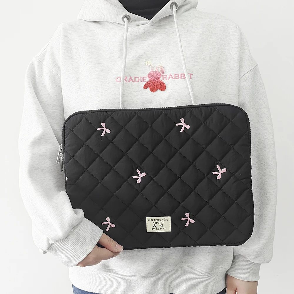 Elegant Bow Embroidery Laptop and Tablet Sleeve Case - Soft Protective Cover for 13 to 16 Inch Devices