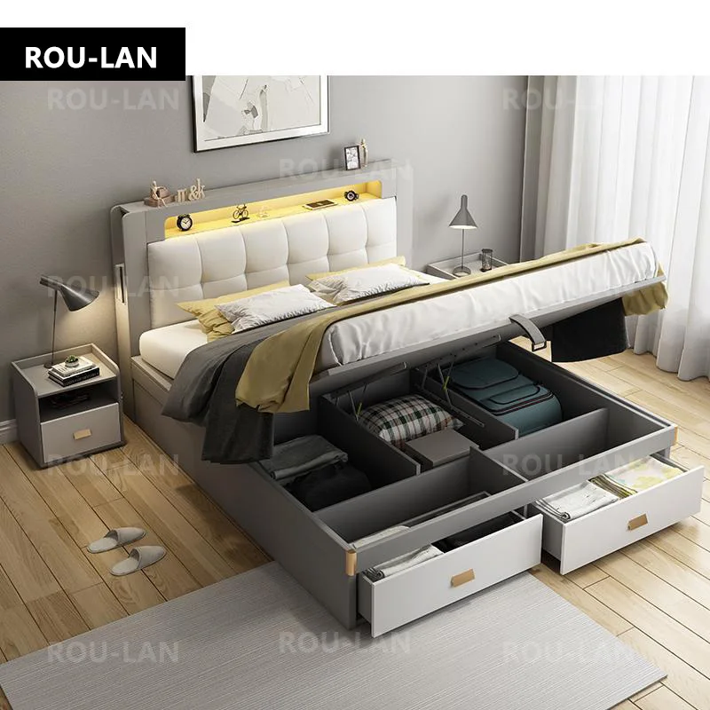1.8m Multifunctional Bed Frame Modern Ultimate Bed with Storage LED Light King/queen size bed soft bed