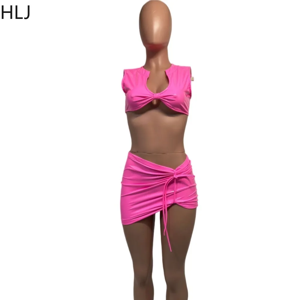 HLJ Pink Sexy PU Leather Drawstring Mini Skirts Two Piece Sets Women Deep V Sleeveless Crop Top And Skirt Nightclub 2pcs Outfits