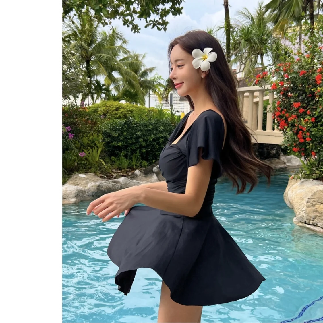 韓国人気[SWIMCITY♥] string frill one piece BLACK Short Sleeves One Piece Swimsuit With Skirt Women Ruffle