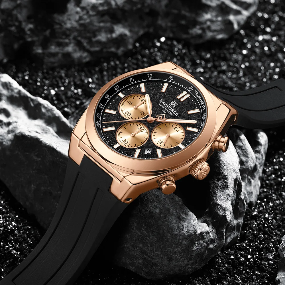 thumbnail image 2 of Men's Military Chronograph Watch - Gold Gray Leather Strap Waterproof Quartz Wristwatch 2 of 9