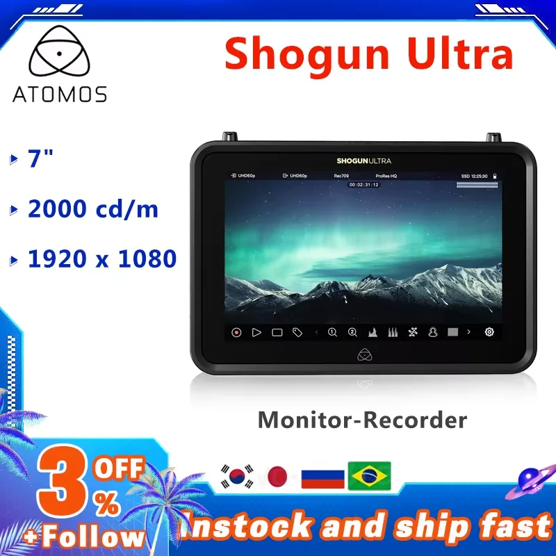 Atomos 7" Shogun Ultra Monitor-Recorder 2000nit 4K H.265 Recording OS Wi-Fi 6E SDI Cine Dual Record