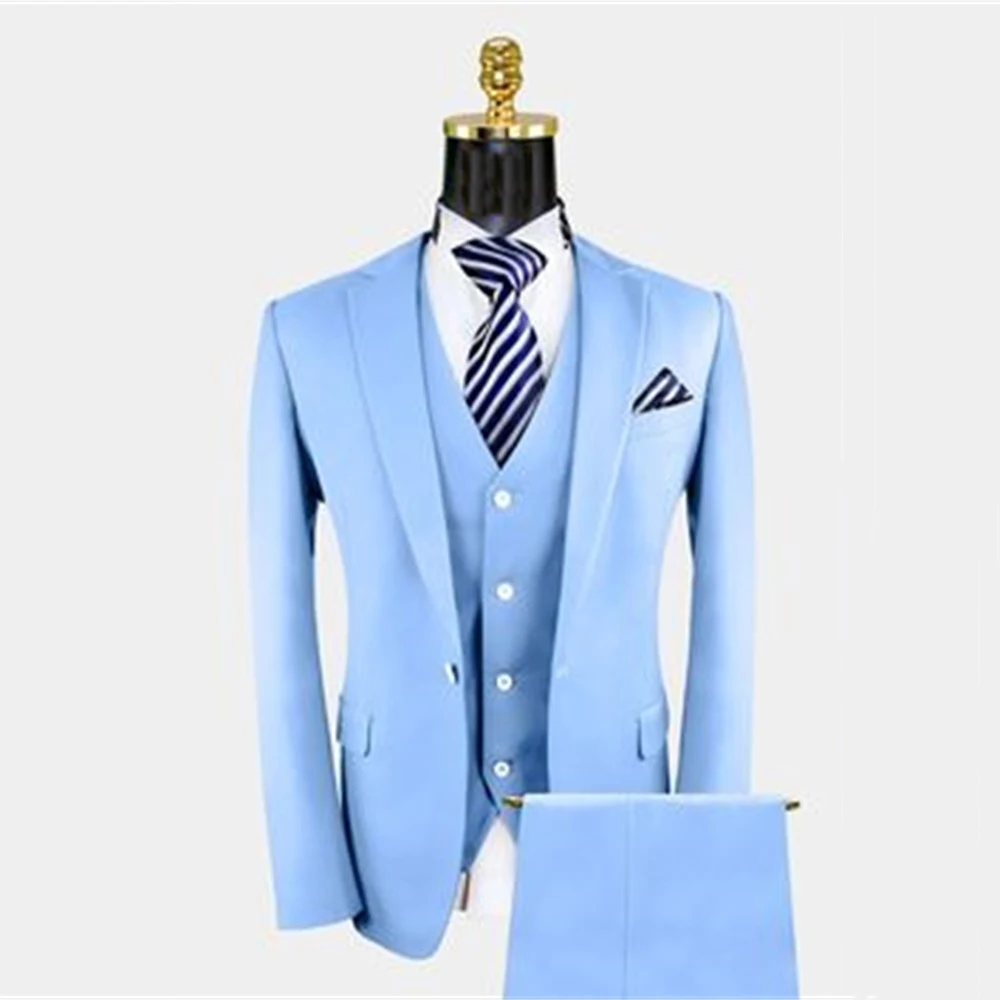 

Gorgeous Sky Blue Suit Mens Formal Business Blazer Banquet Wedding Groom Tuxedo Slim Fit 3PC Jacket Vest Pants Costume Homme