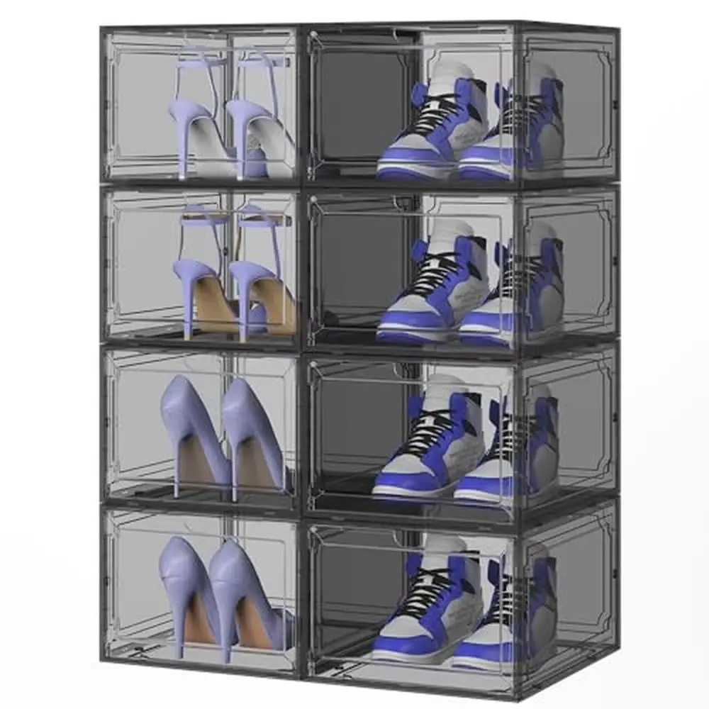 

8 Pack Sturdy Stackable Shoe Box Organizer with Magnetic Door Clear Plastic Shoe Rack Cabinet Closet Organization Space-Saving